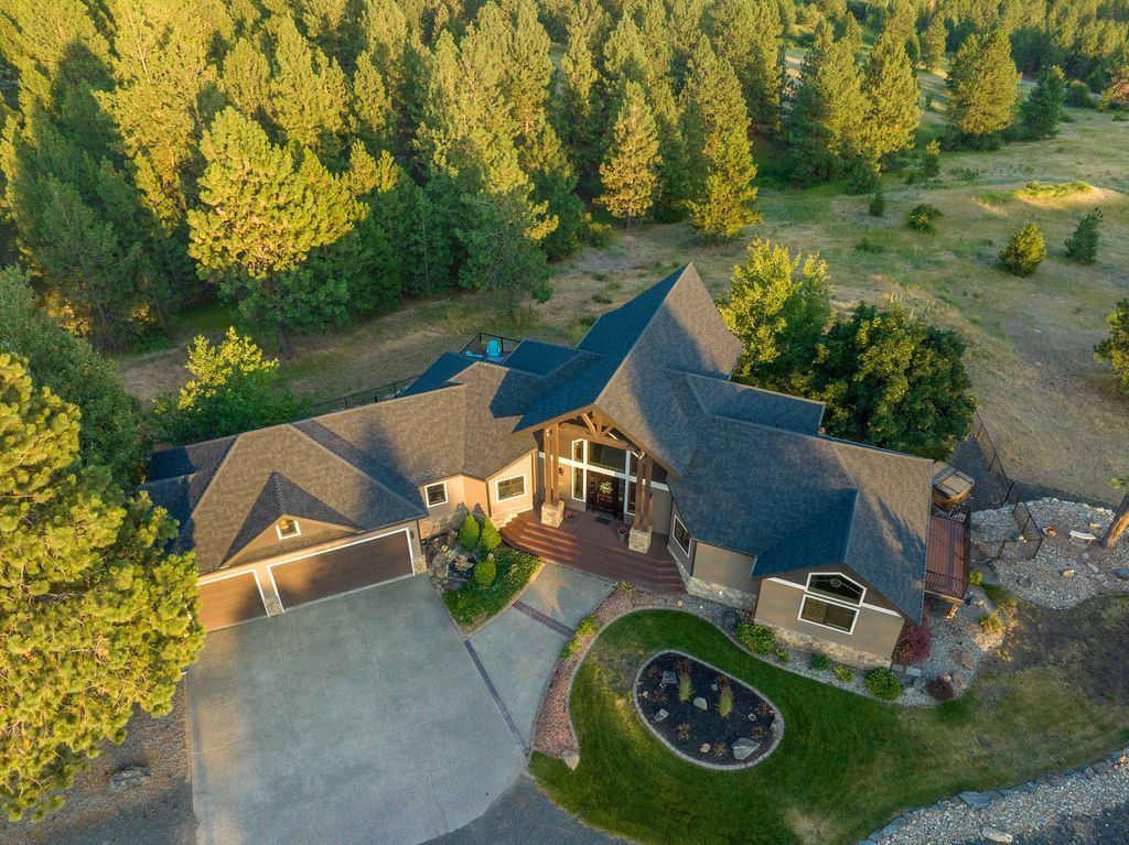 An aerial view of a large house surrounded by trees