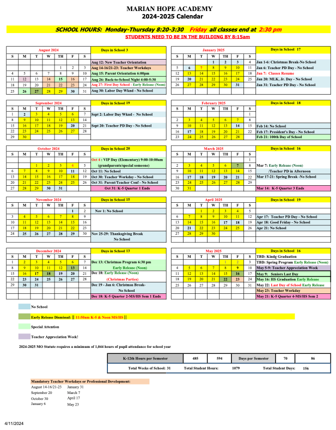 Marian Hope Academy 2024-20025 Calendar