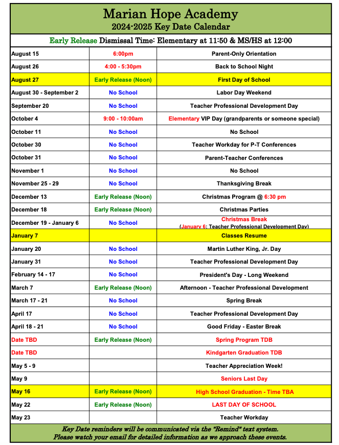 Marian Hope Academy 2024-20025 Key Date Calendar