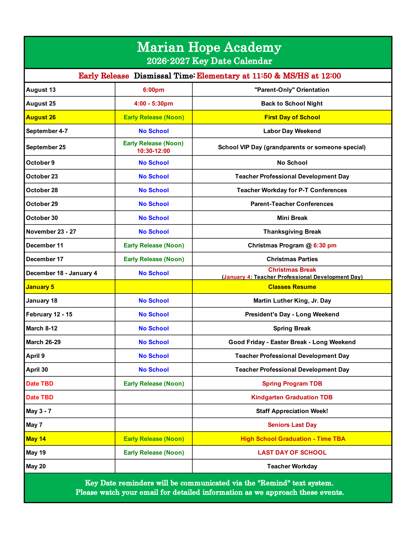 Marian Hope Academy 2026-2027 Date Calendar