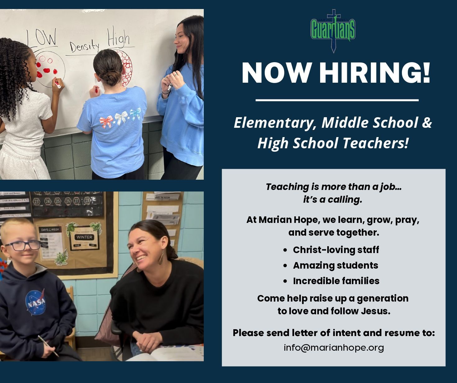 Hiring flyer for Marion Hope featuring a school scene and contact email for teaching positions.