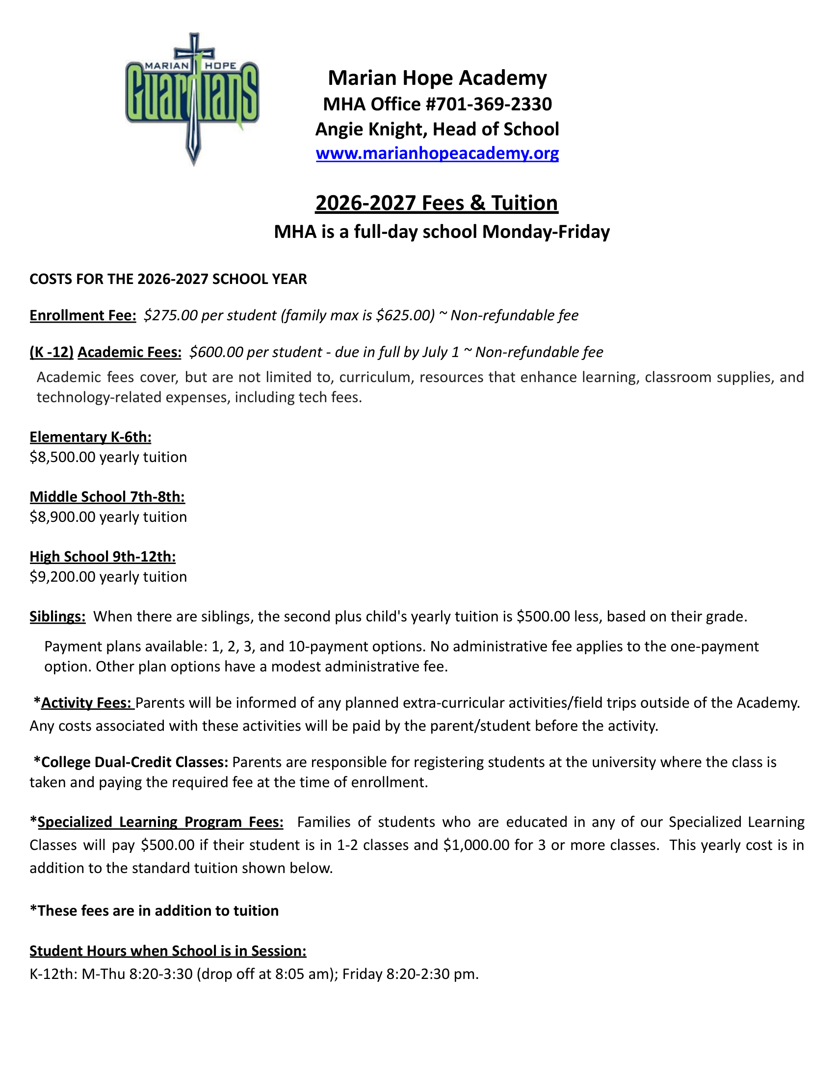 2026-2027 Fees and Tuition 