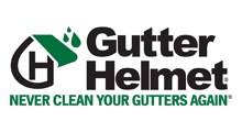 Gutter Helmet logo with green gutter and black text: “Never Clean Your Gutters Again”
