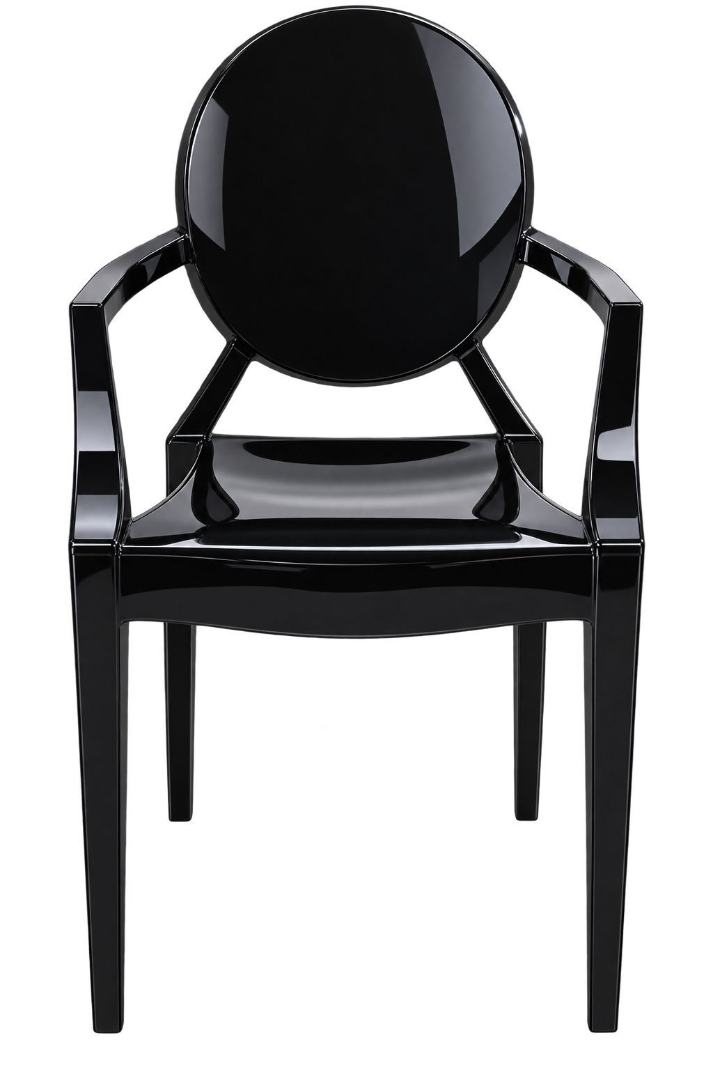 Black glossy chair with a round backrest and clear seat on a white background