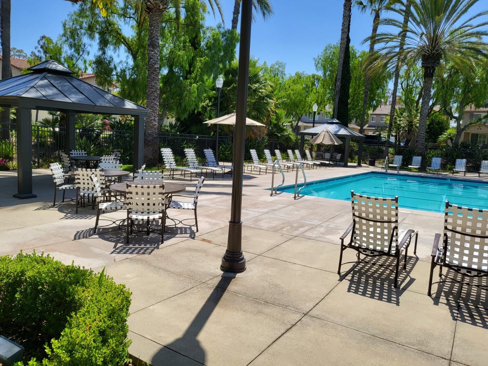 Outdoor poolside patio with tables, chairs, umbrellas, and palm trees beside a blue swimming pool