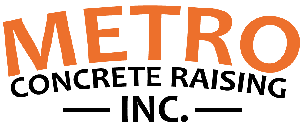 The logo for metro concrete raising inc. is orange and black.