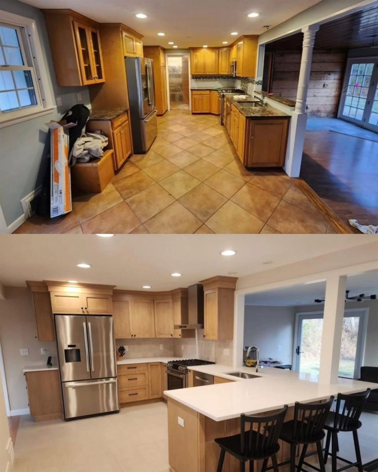 Comparison of a kitchen before and after renovation. Light-colored cabinetry, stainless steel appliances, and a kitchen island.