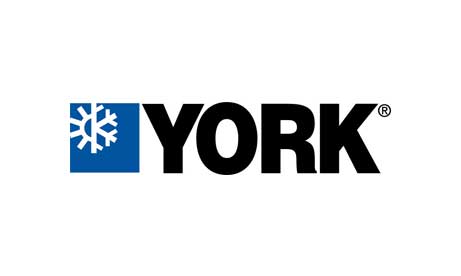 The logo for york is black and blue and has a snowflake on it.