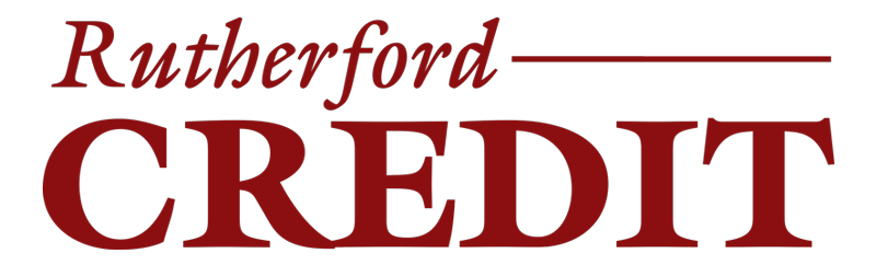 Rutherford Credit logo in red serif text on a white background