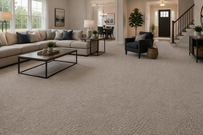 Bright living room with beige carpet, gray sofas, coffee table, and staircase by the entryway.