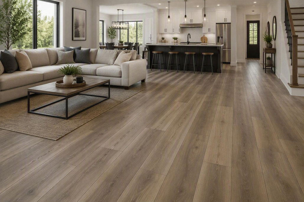 Spacious modern living room with wood flooring, white sectional sofa, and kitchen island in the background.