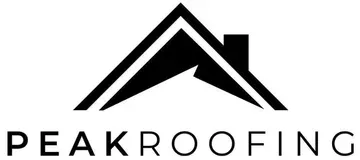 PEAK Roofing logo with stylized black roof icon and bold text on white background