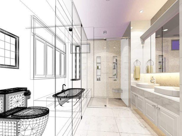 Bathroom design rendering, partially sketched, with a toilet, sink, and shower.