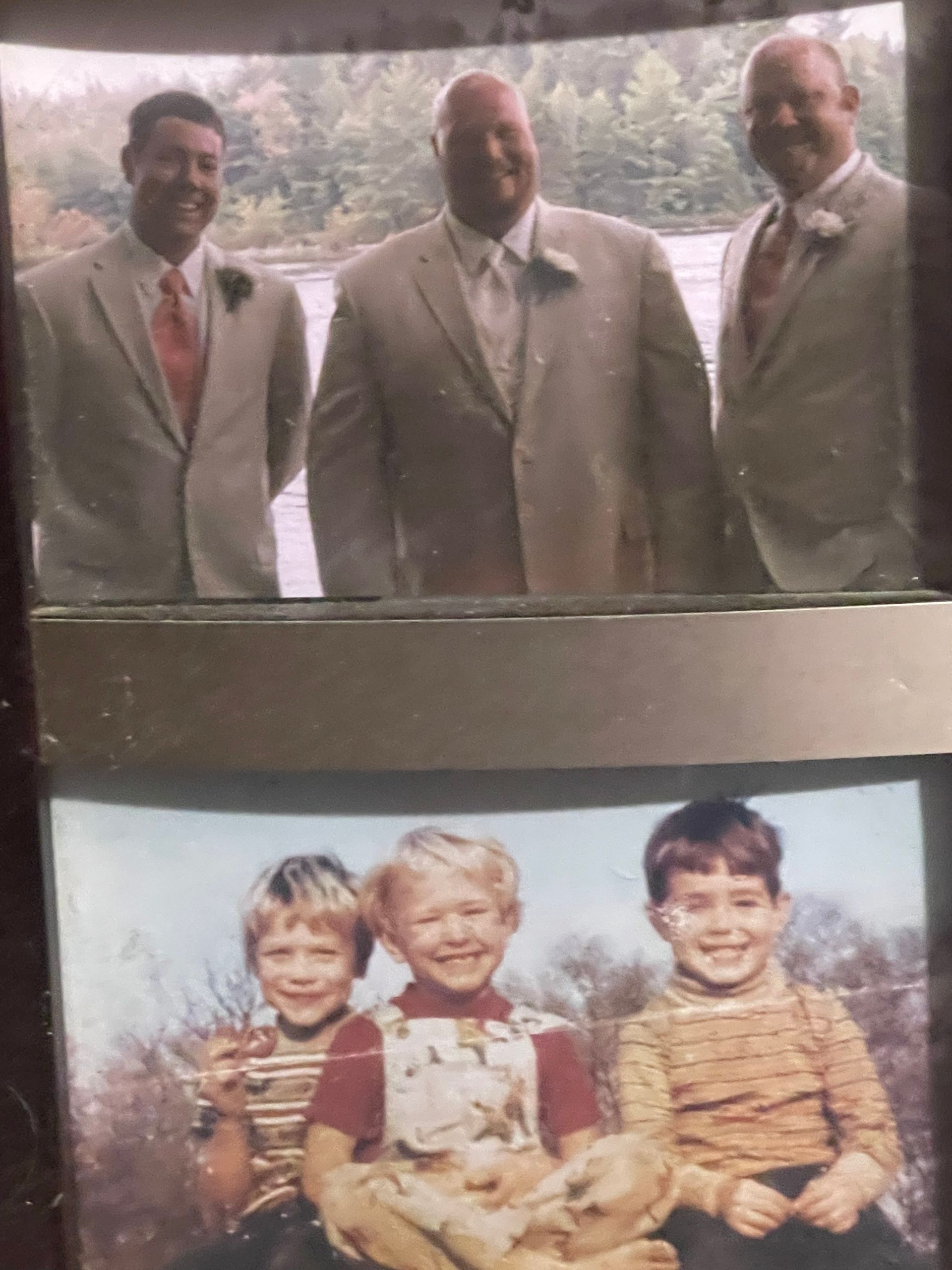 A composite photo showing three adults in suits at an outdoor event above a photo of three children outdoors.