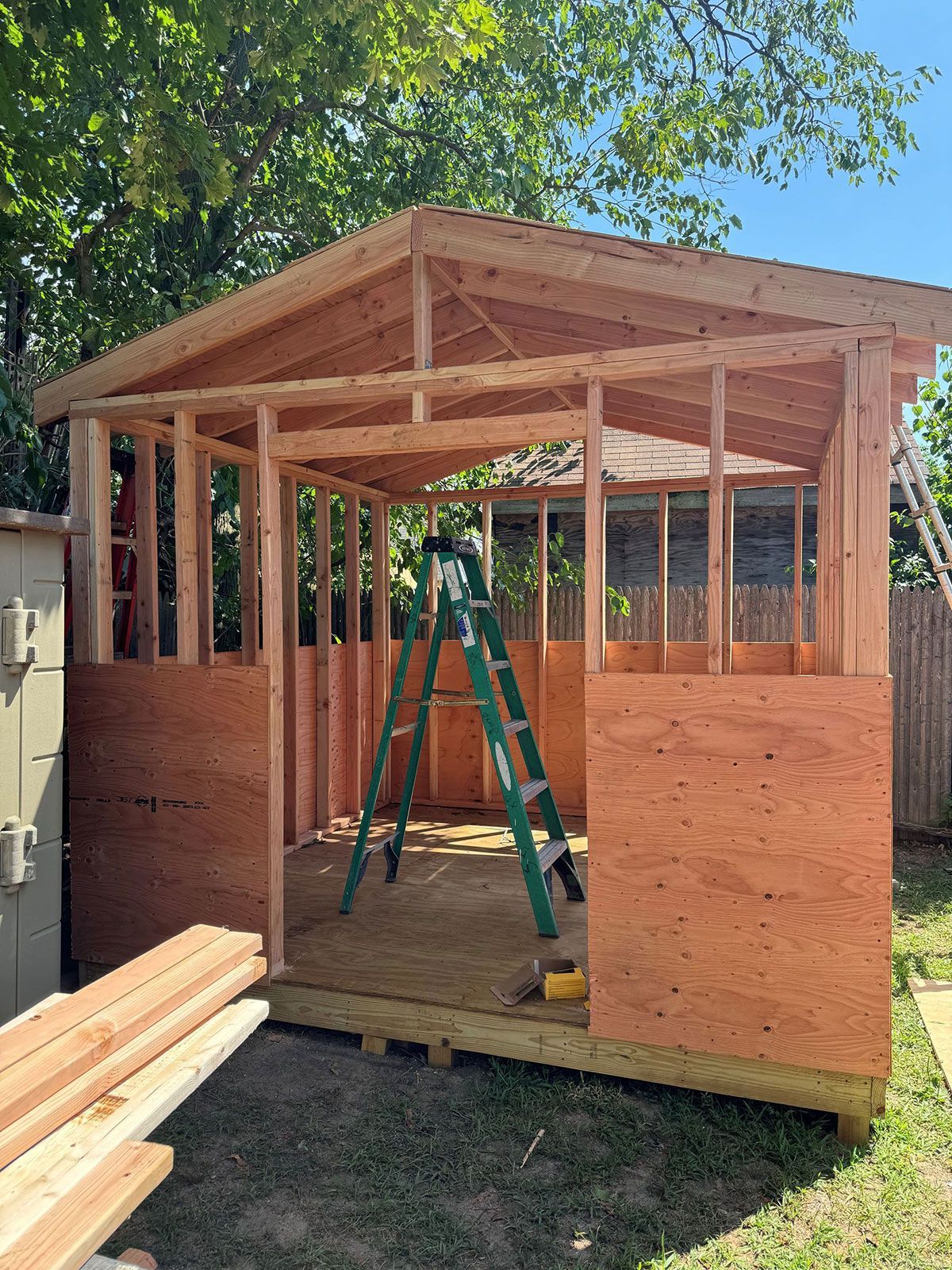 A wooden shed is being built in a backyard with a ladder