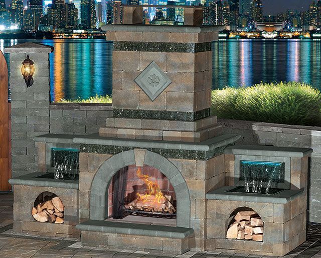 A fireplace with a city skyline in the background