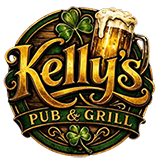 Kelly’s Pub & Grill logo with green clover, gold lettering, and beer mugs