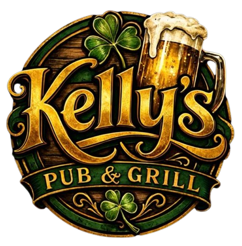 Kelly’s Pub & Grill logo with a beer mug and shamrocks on a wood-style green emblem
