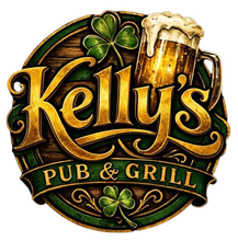 Kelly’s Pub & Grill logo with a beer mug and shamrocks on a wood-style green emblem