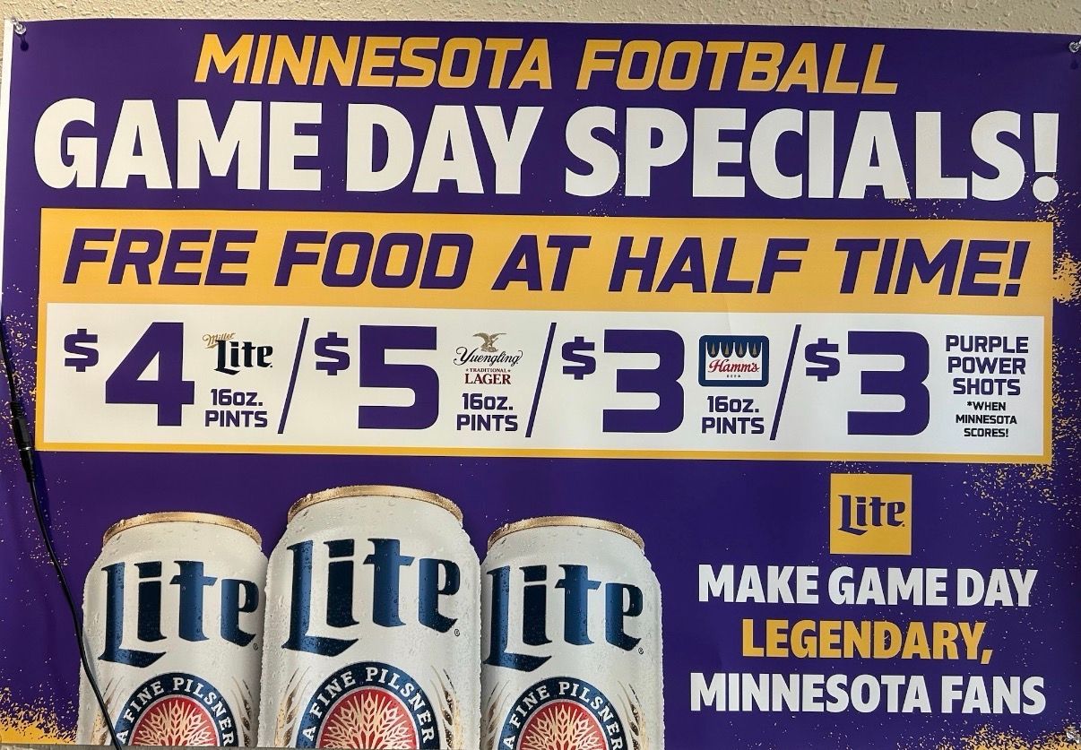 Minnesota football game day specials ad with purple background and half-price food offers with Lite beer cans