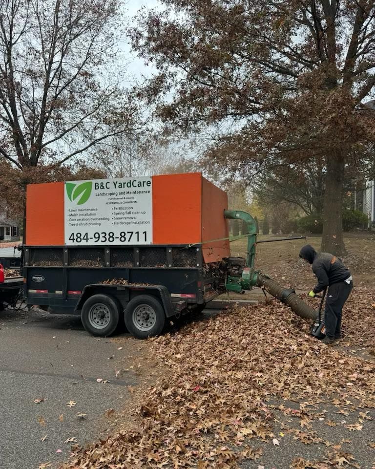 Man using leaf vacuum to collect leaves into an orange trailer on a road.
