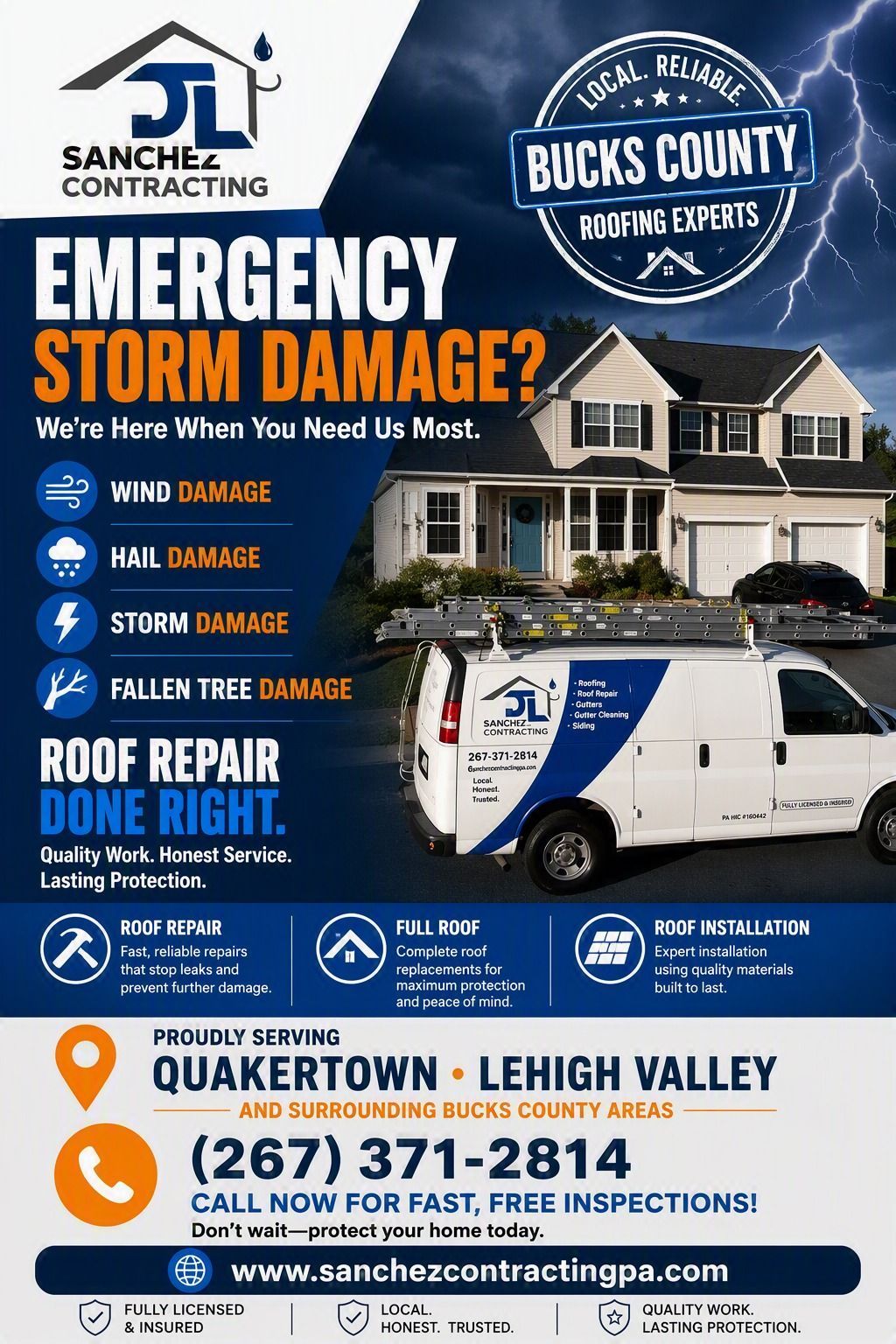 Blue emergency storm damage repair ad for Sanfillippo Contracting, with house, van, and Bucks County logo.