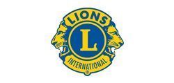 The official yellow and blue logo of Lions Clubs International, featuring two lion profiles facing away from a central L.