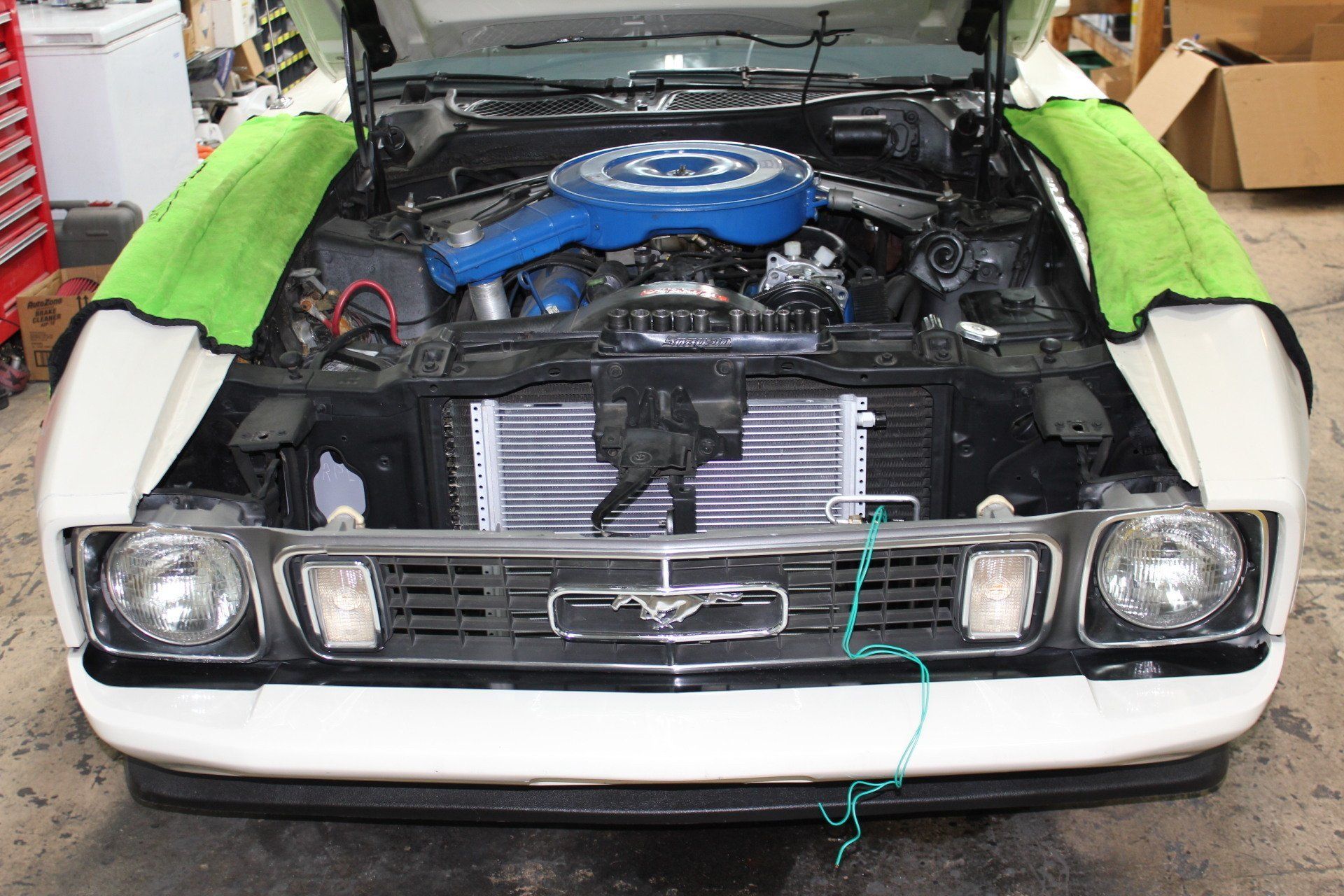 under the hood, engine of classic mustang