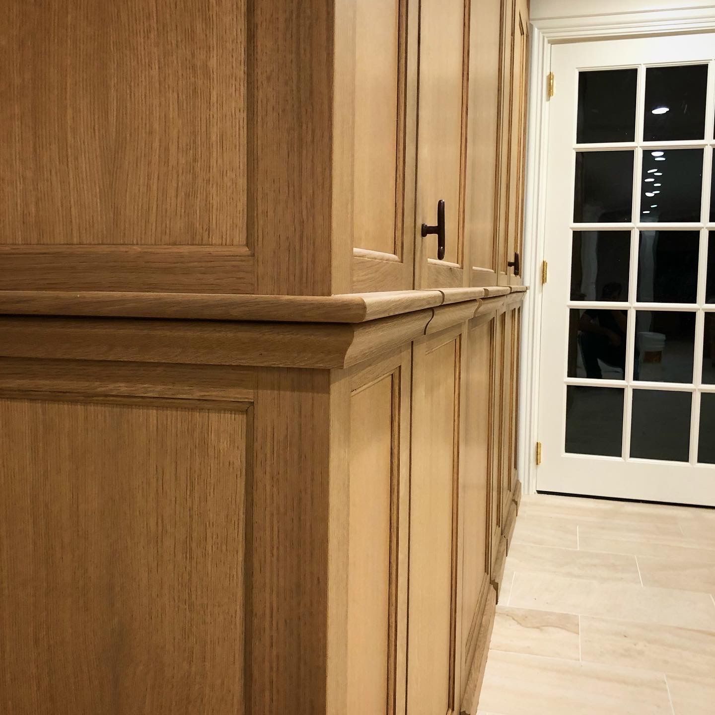 Wooden cabinetry with paneled doors and a trim, alongside a white door with glass panels.