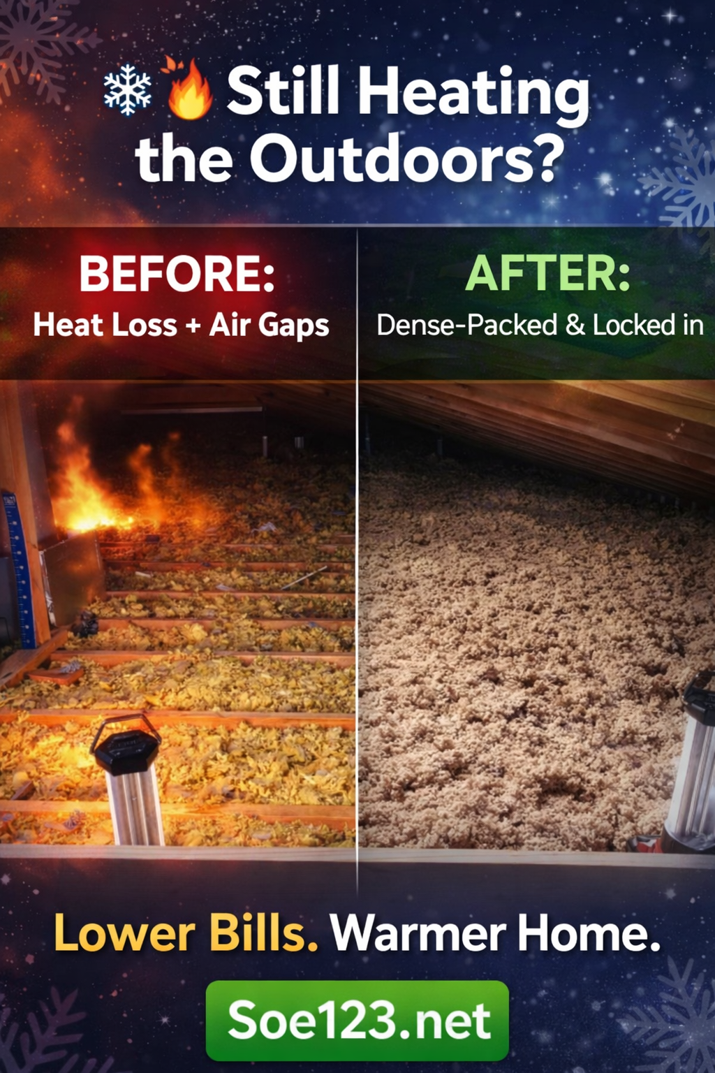 Advertisement comparing heat loss before and after insulation. Shows fire, then dense insulation. Text: Lower Bills, Warmer Home.