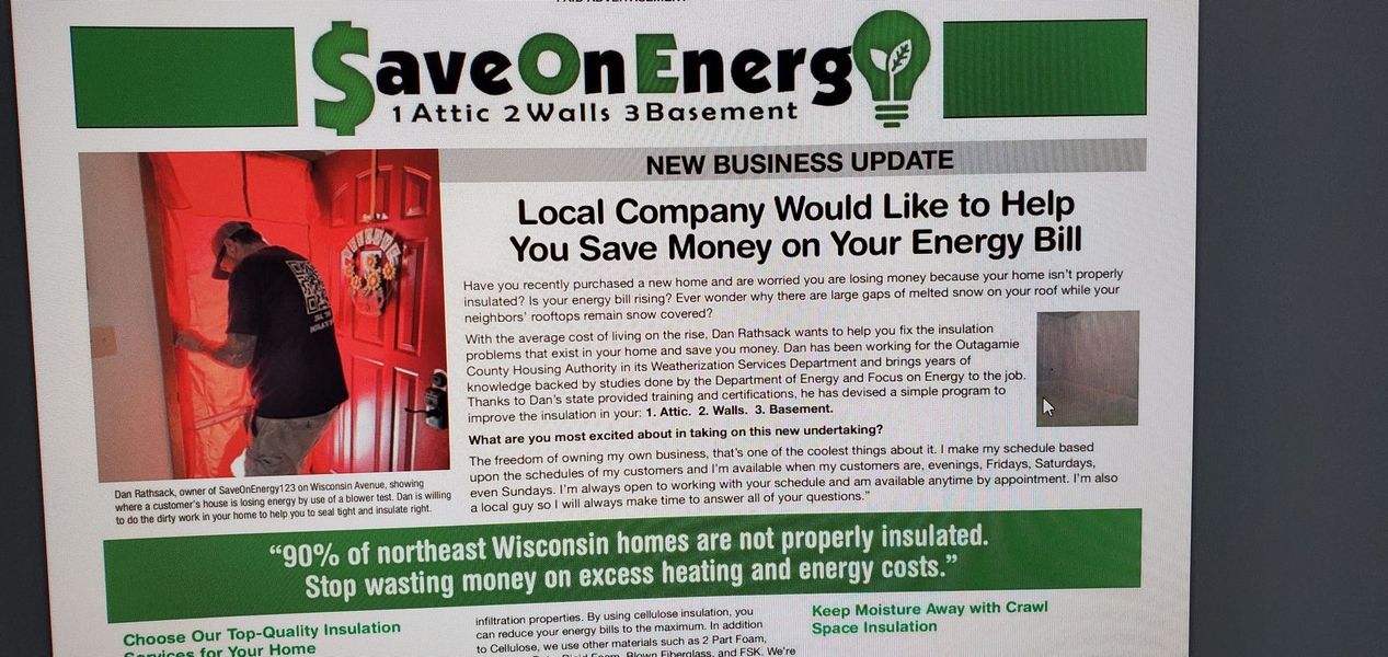 Advertisement for energy savings with text and a photo of a person.