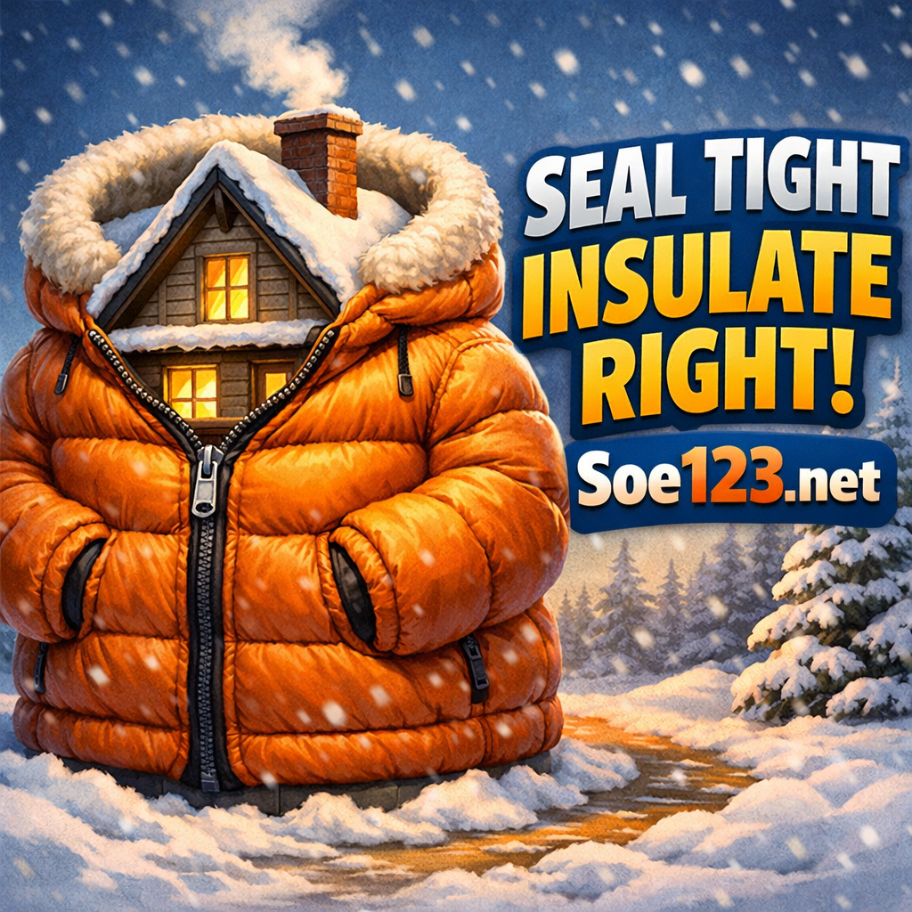 House inside orange puffer jacket in snowy scene with text  Seal Tight Insulate Right!