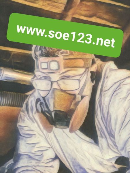 Person in protective gear inspecting an attic, with the website www.soe123.net overlaid.