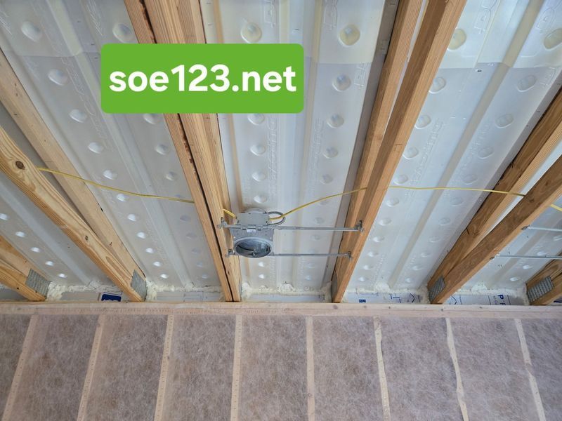 Ceiling construction with exposed joists, insulation, and a recessed light fixture.