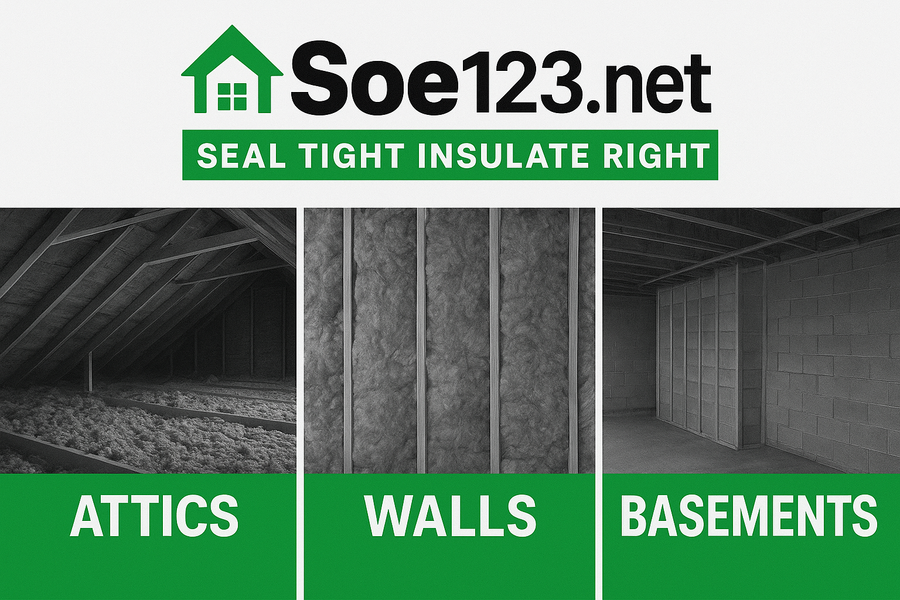 Soe123.net logo: Scenes of attic, wall, and basement insulation. Text reads 