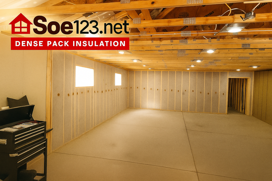 Basement with dense pack insulation; walls and ceiling with exposed wooden beams, concrete floor, tool chest in corner.