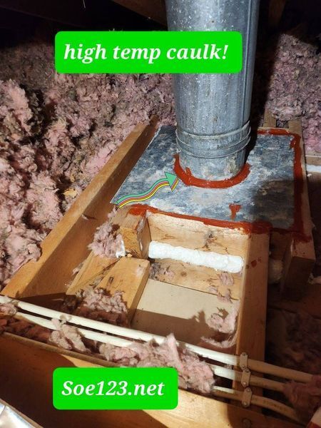 Metal chimney pipe sealed with red high-temp caulk in an attic with pink insulation and wooden supports.