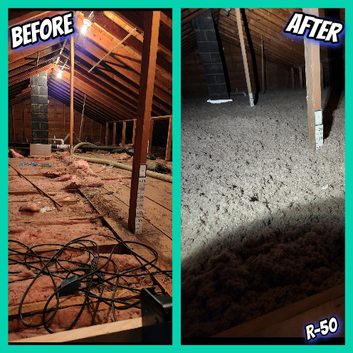 Before and after photos: Attic with old insulation replaced by R-50 insulation.