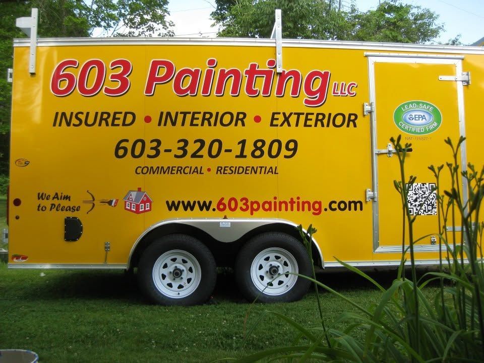 Yellow 603 Painting LLC trailer with company name, phone number, and website parked outdoors
