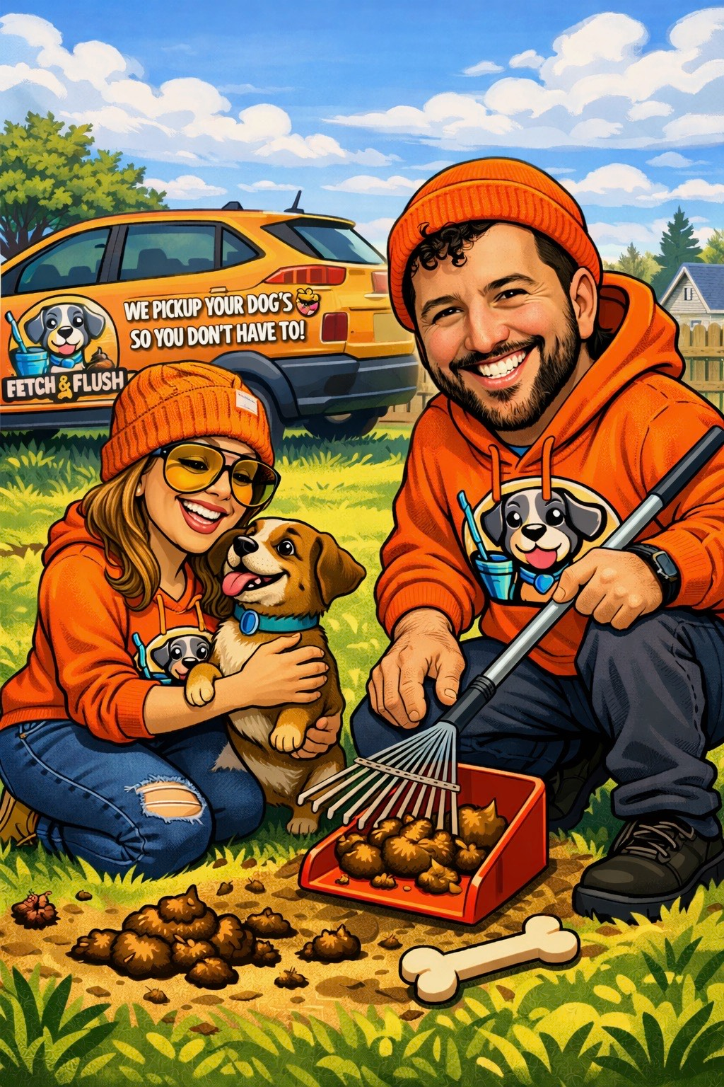 Couple in orange with dog and rake, scooping poop in yard, yellow car in background.