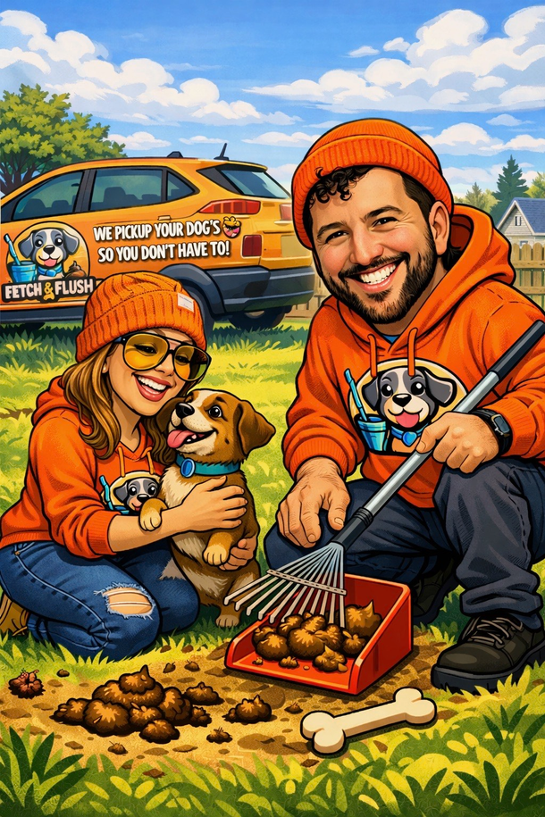 Couple in orange with dog and rake, scooping poop in yard, yellow car in background.