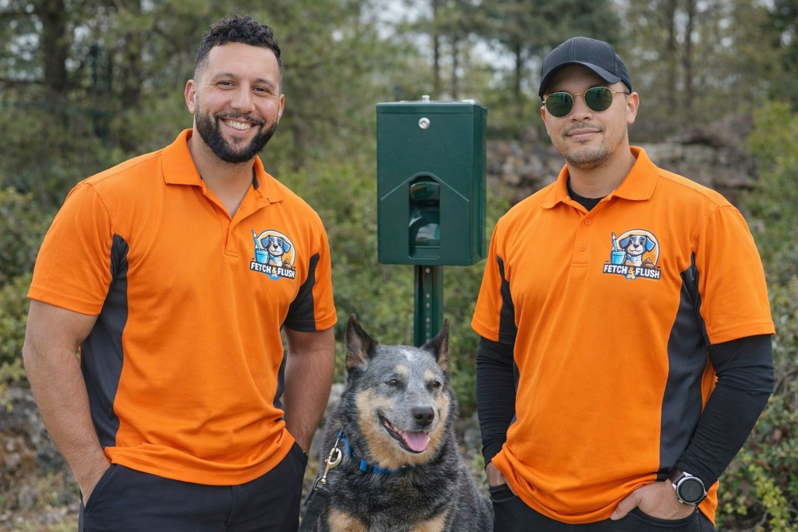 Two men in orange shirts, dog, and waste bag dispenser