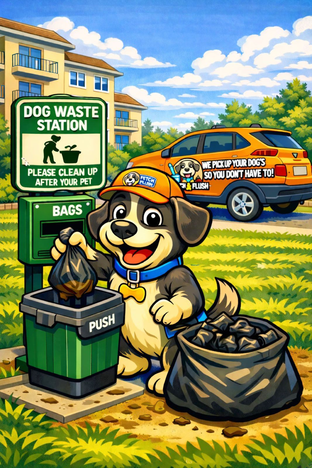 Cartoon dog disposing of waste in a dog waste station