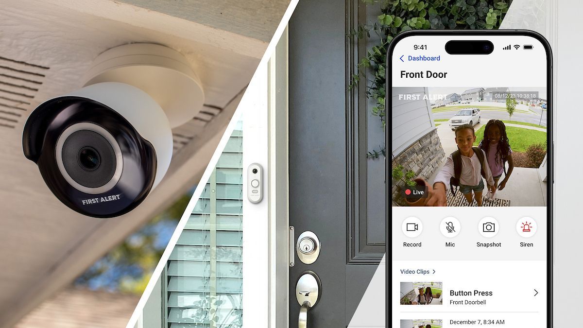 Security camera and smartphone screen showing front door view, with children walking.