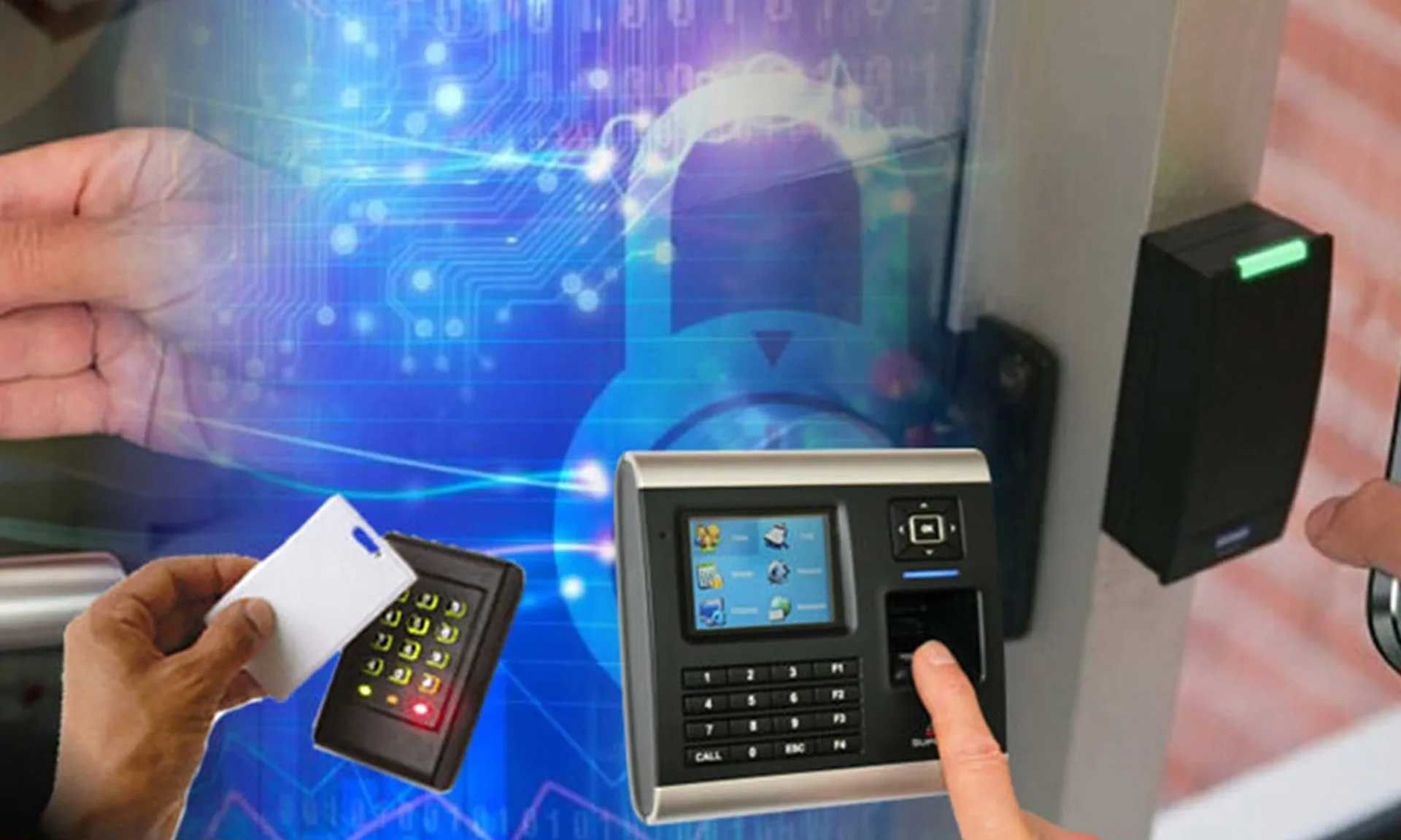 Access control systems: hand with access card, fingerprint scanner, door lock with digital interface.