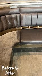 A picture of a couch before and after being cleaned.