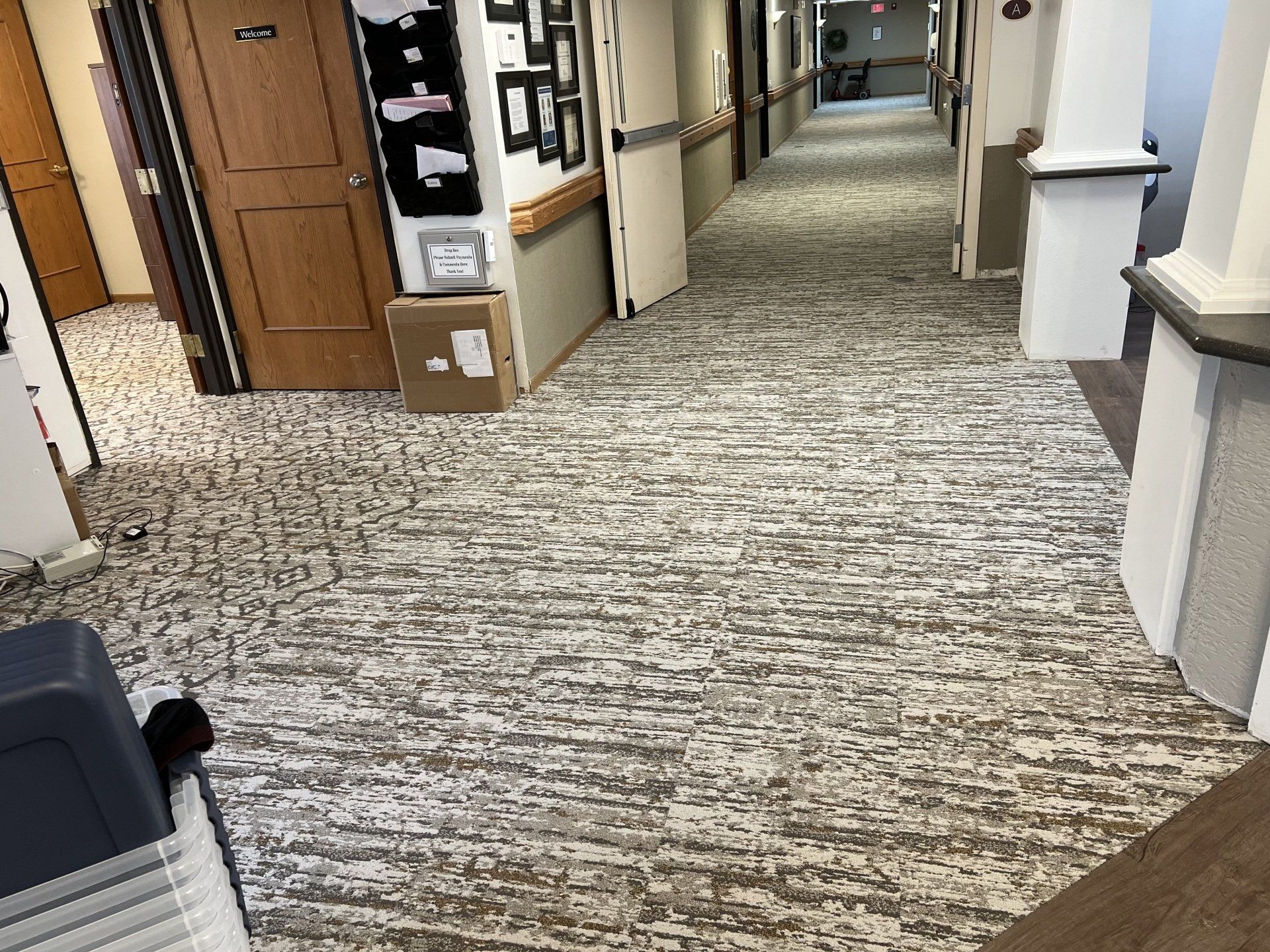 carpeted office hallway