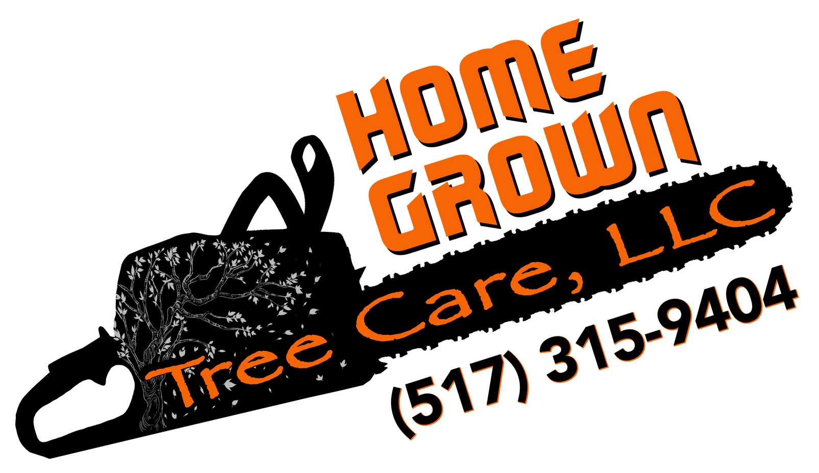Logo for Home Grown Tree Care, LLC, featuring an orange text, chainsaw illustration over white background.