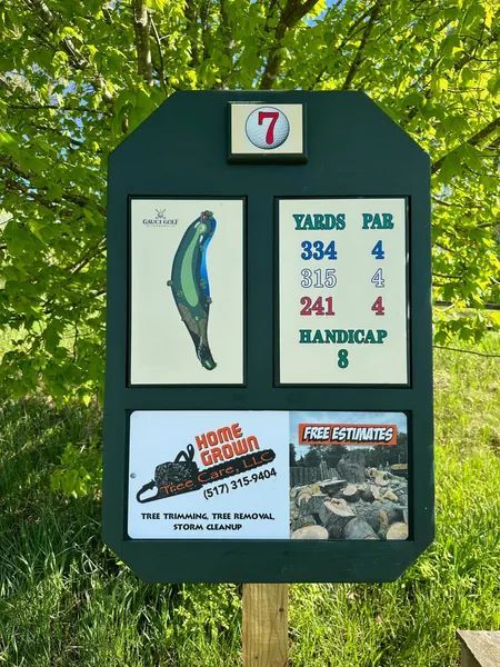 Green golf hole sign: yardage, par, handicap, course layout, sponsors Home Grown & For Estimates.
