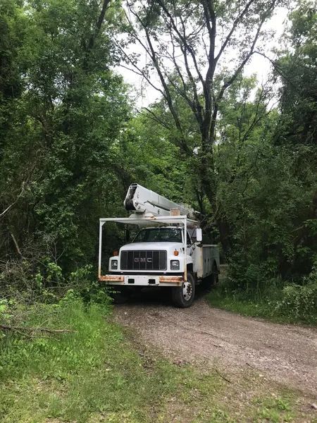 White GMC utility truck on a dirt road, surrounded by trees and green foliage.